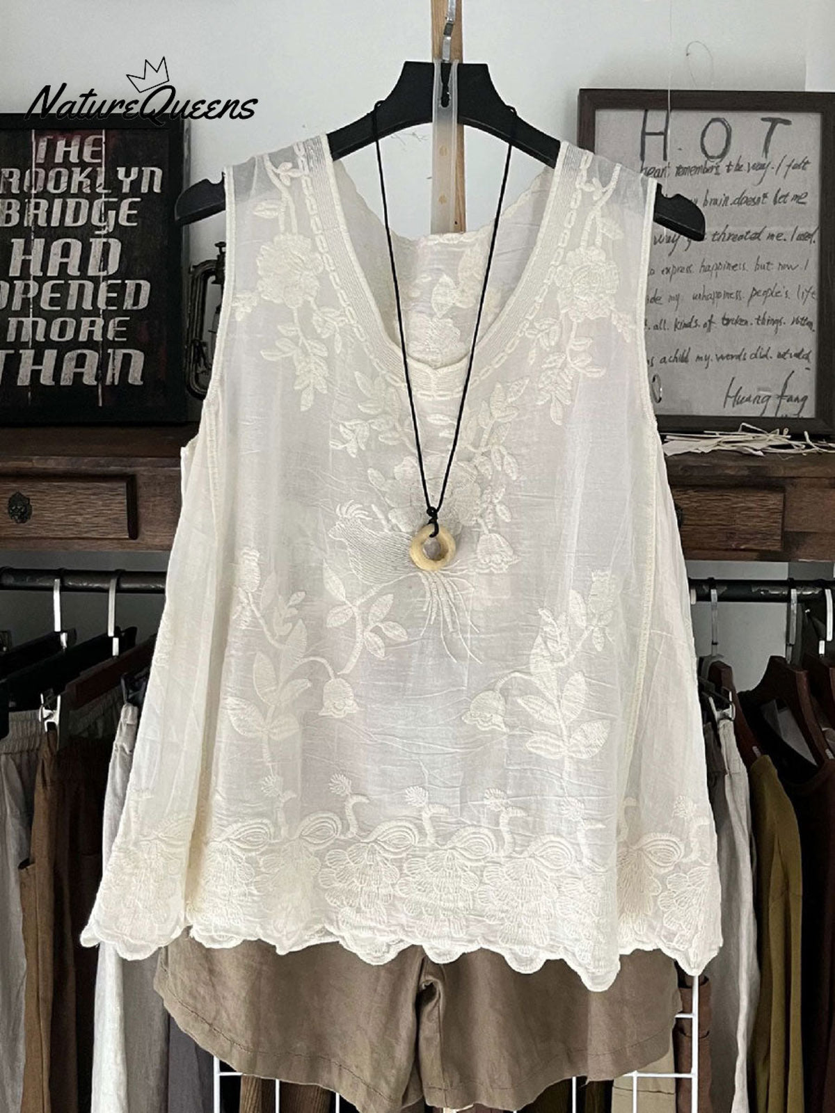 Vintage Lace Sleeveless Cotton and Linen Vest Top