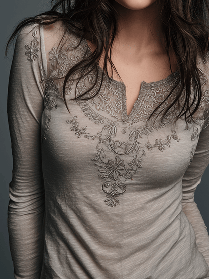 Bohemian Style Embroidered Gray Long-Sleeved T-Shirt