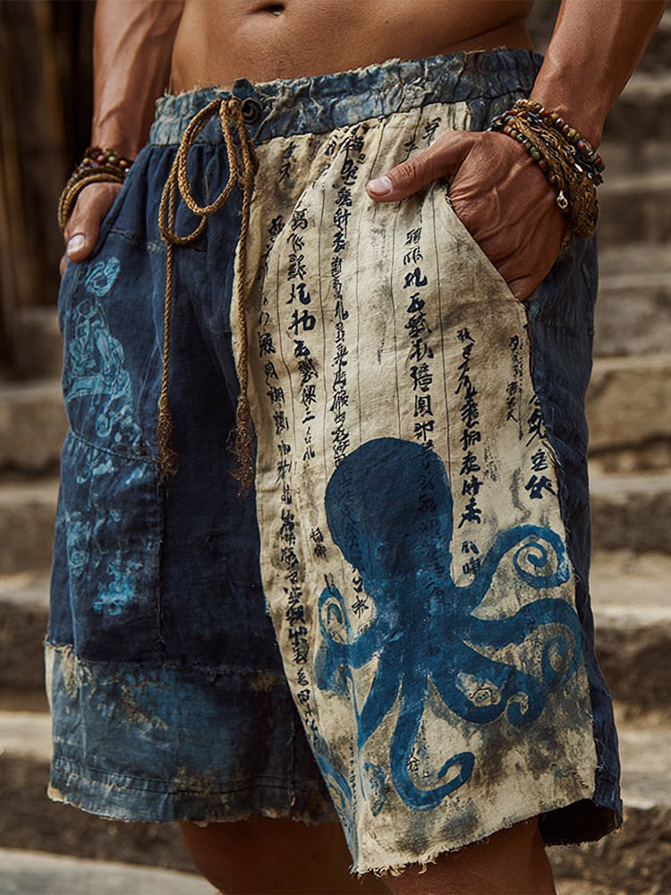 Japanese-Style Octopus Calligraphy Shibori Patchwork Distressed Cotton Linen Shorts