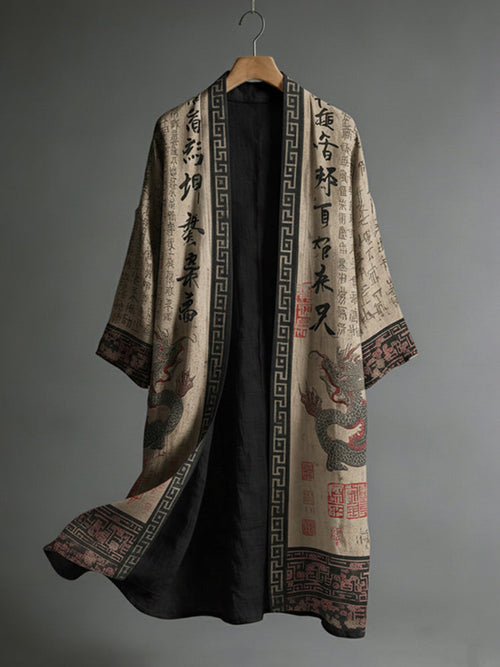 Men's Japanese Dragon Pattern Calligraphy and Painting Art Linen Long Kimono