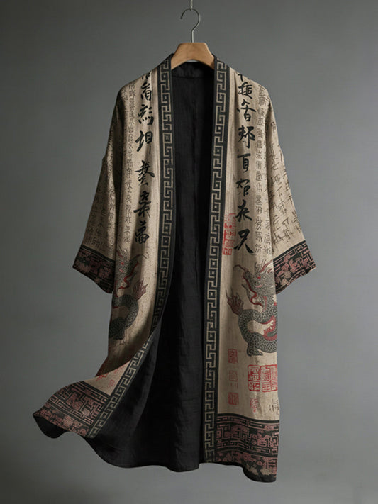 Men's Japanese Dragon Pattern Calligraphy and Painting Art Linen Long Kimono