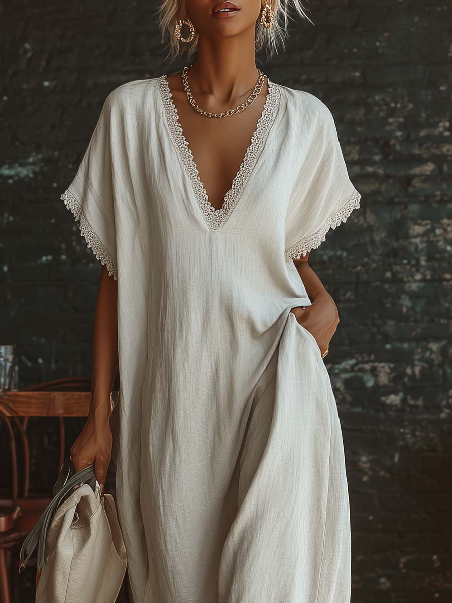 Elegant Cozy Lace-Trimmed Loose Linen-Cotton Maxi Dress