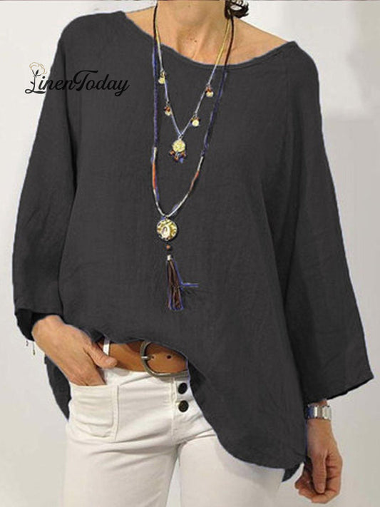 Solid Colour Cotton and Linen Round Neck Ninth Sleeve Blouse