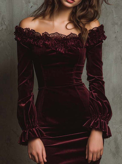 Wine Velvet Off-Shoulder Midi Dress with Lace Trim