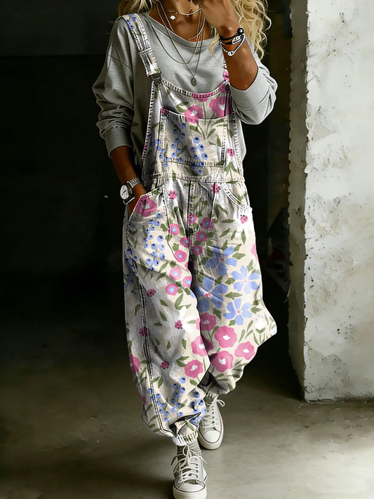 Vintage Multicolor Floral Art Print Casual One Piece Denim Jumpsuit