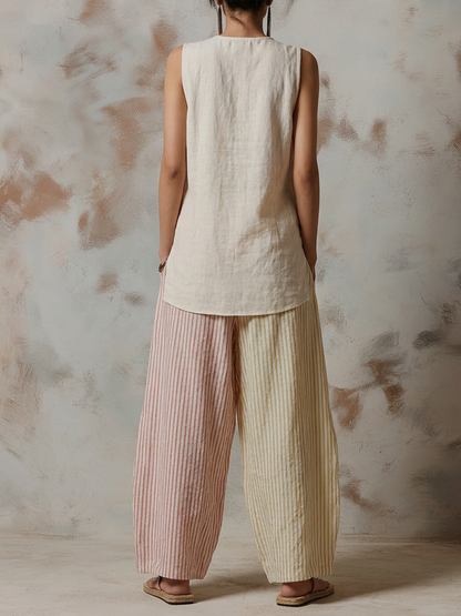 Linen Blend Sleeveless Vest and Two-Tone Striped Wide-Leg Pants Set