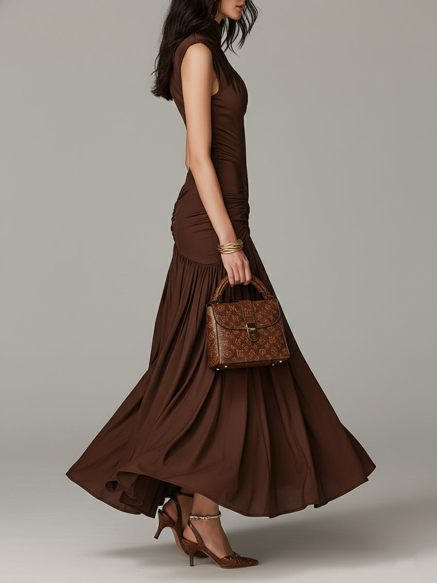 Vintage Stand-Collar Satin Pleated Fishtail Maxi Dress