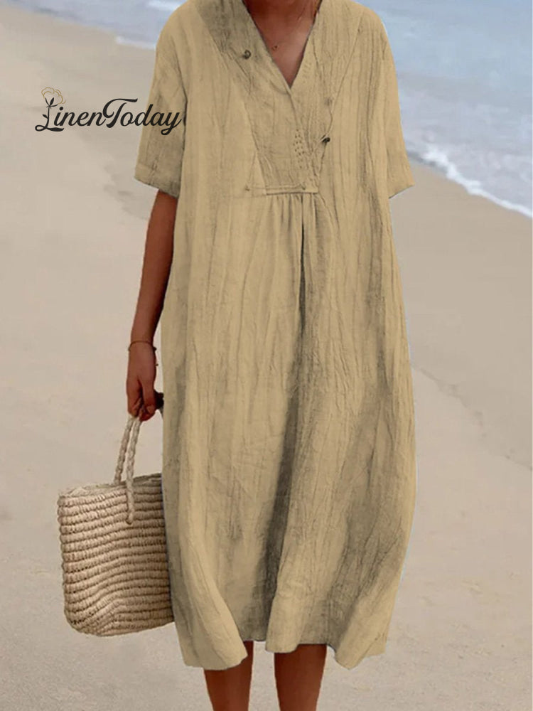 Solid Color Cotton and Linen Short-Sleeve Dress