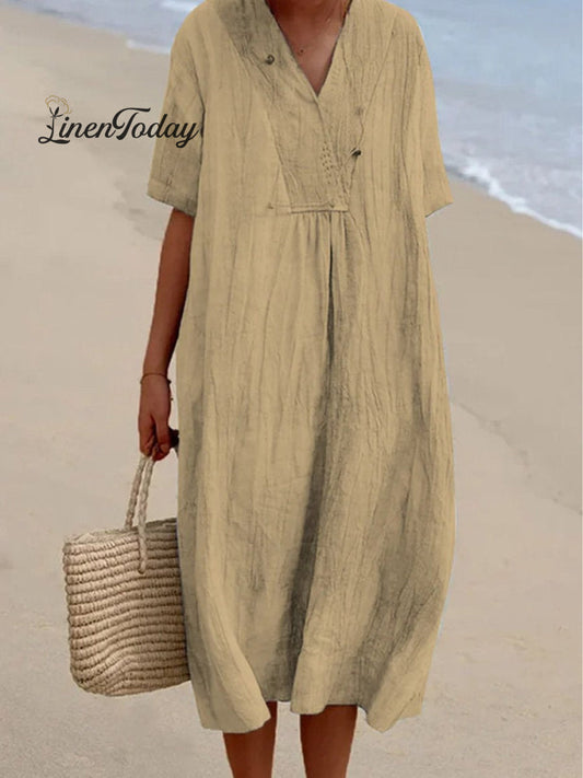 Solid Color Cotton and Linen Short-Sleeve Dress