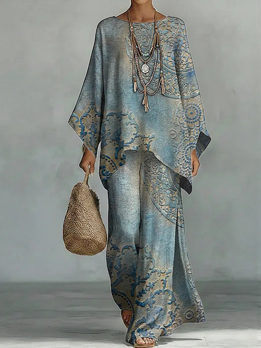 Vintage Floral Art Comfortable Loose Cotton Linen Wide-Leg Pants Two-Piece Set