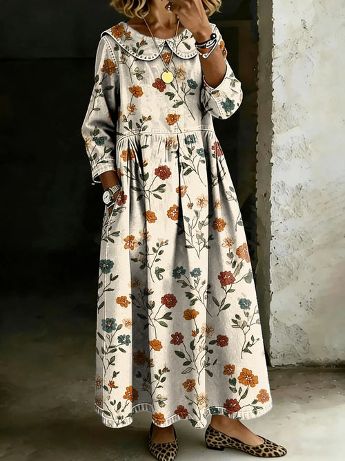 Retro Floral Splicing Long-Sleeved Loose-Fitting Casual Denim Dress