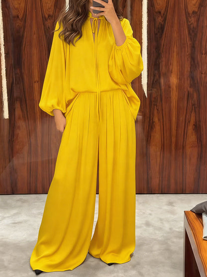 Solid-Color Satin Two-Piece Set: V-Neck Long-Sleeve Loose-Fit Top and Elastic-Waist Wide-Leg Pants