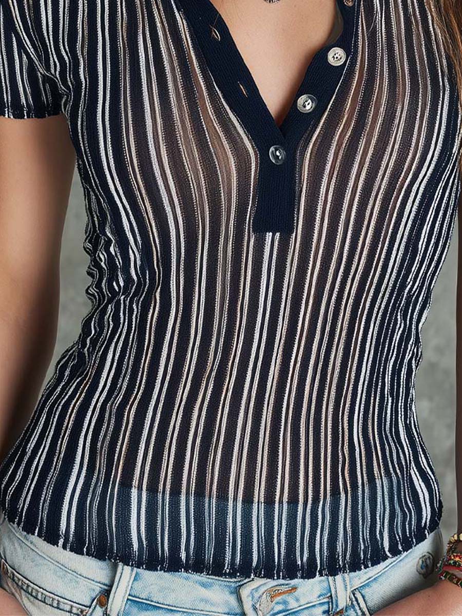 Bohemian Sheer Stripe Henley Knit Top