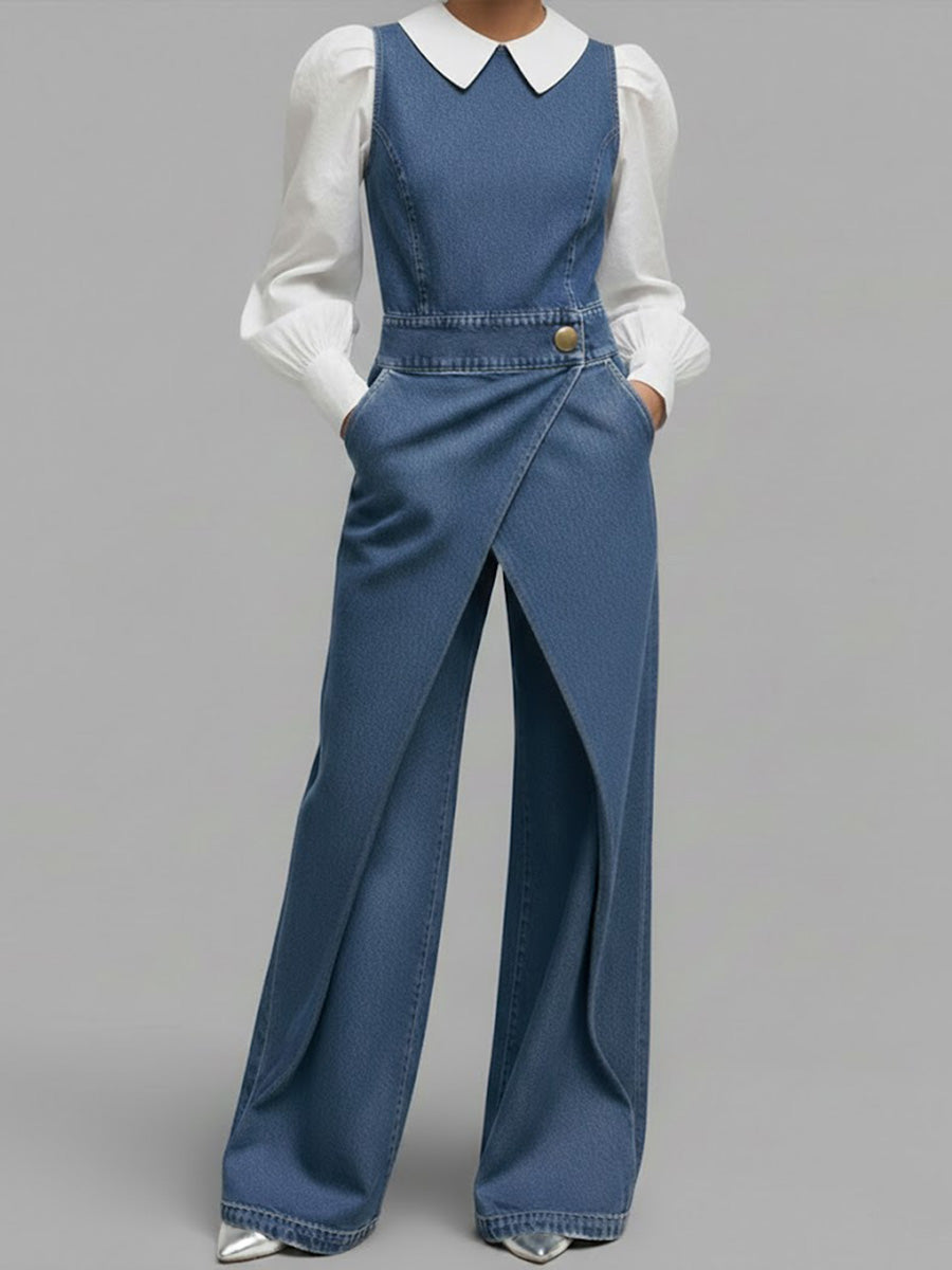 Round Neck Sleeveless Casual Loose Denim Wide-Leg Jumpsuit