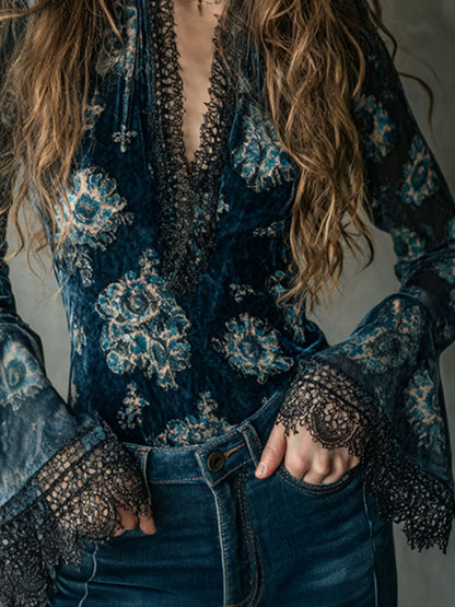 Retro Blue Floral Velvet Lace Blouse with Bell Sleeves