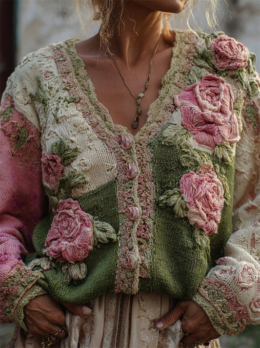 Vintage Pink Roses Crochet Embroidered Colorblock Patchwork Cozy Cardigan