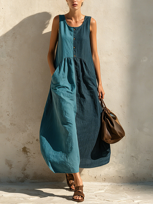 Teal Colorblock Sleeveless Linen-Blend Maxi Dress