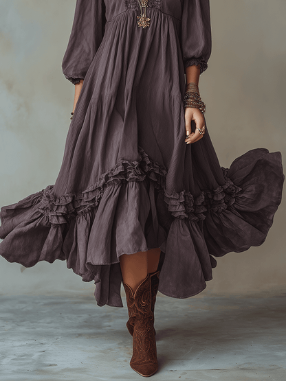 Flowy Vintage Boho Soft Ruffle Hem Tiered Maxi Dress