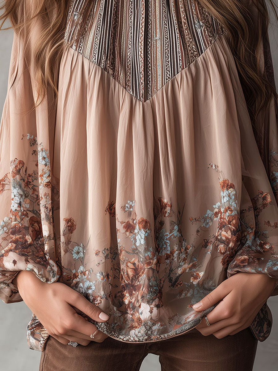 Boho Print High-Neck Sheer Floral Chiffon Blouse with Flowing Sleeves