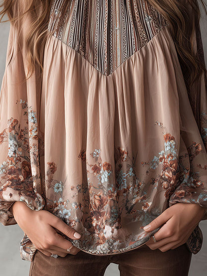 Boho Print High-Neck Sheer Floral Chiffon Blouse with Flowing Sleeves