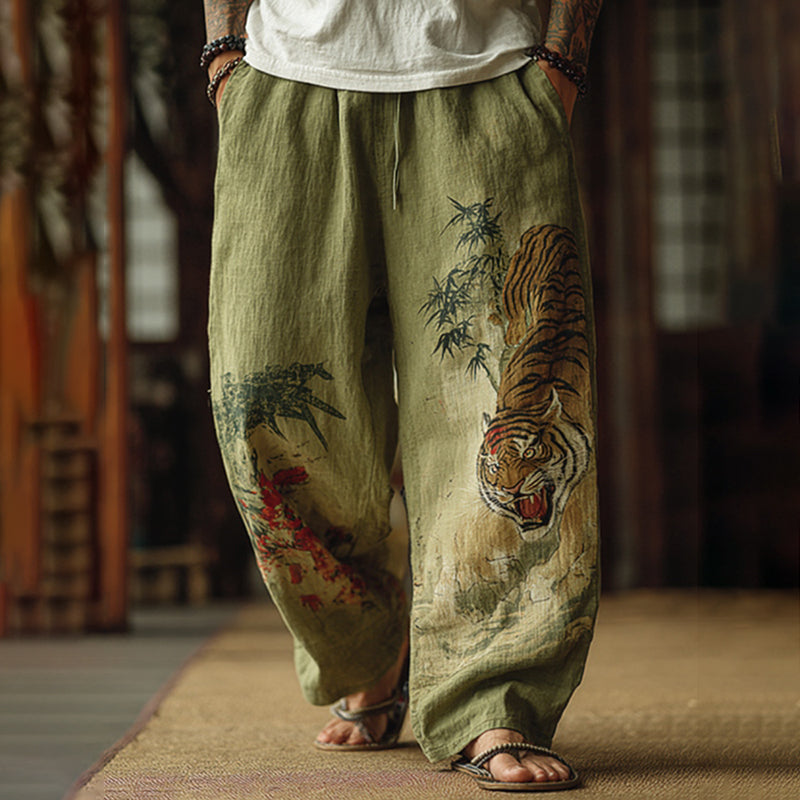 Men's Japanese Tiger and Bamboo Pattern Contrast Wide-Leg Linen Pants
