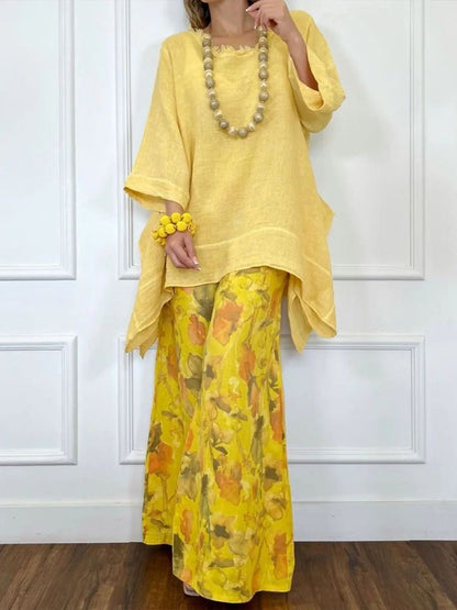 Loose-Fit Casual Linen and Cotton Top and Floral-Print Pants Two-Piece Set