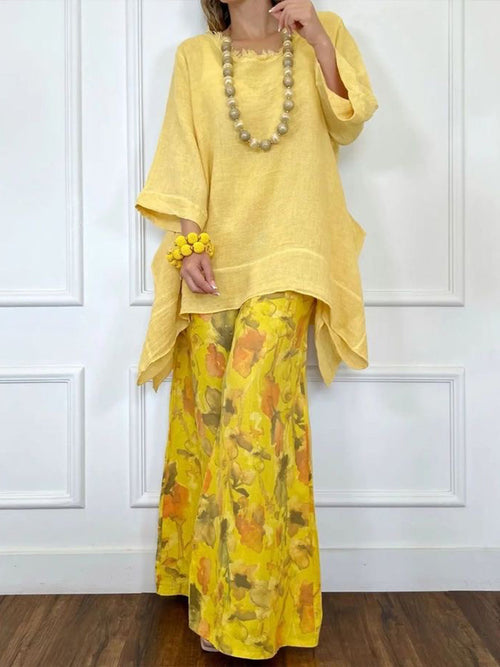 Loose-Fit Casual Linen and Cotton Top and Floral-Print Pants Two-Piece Set