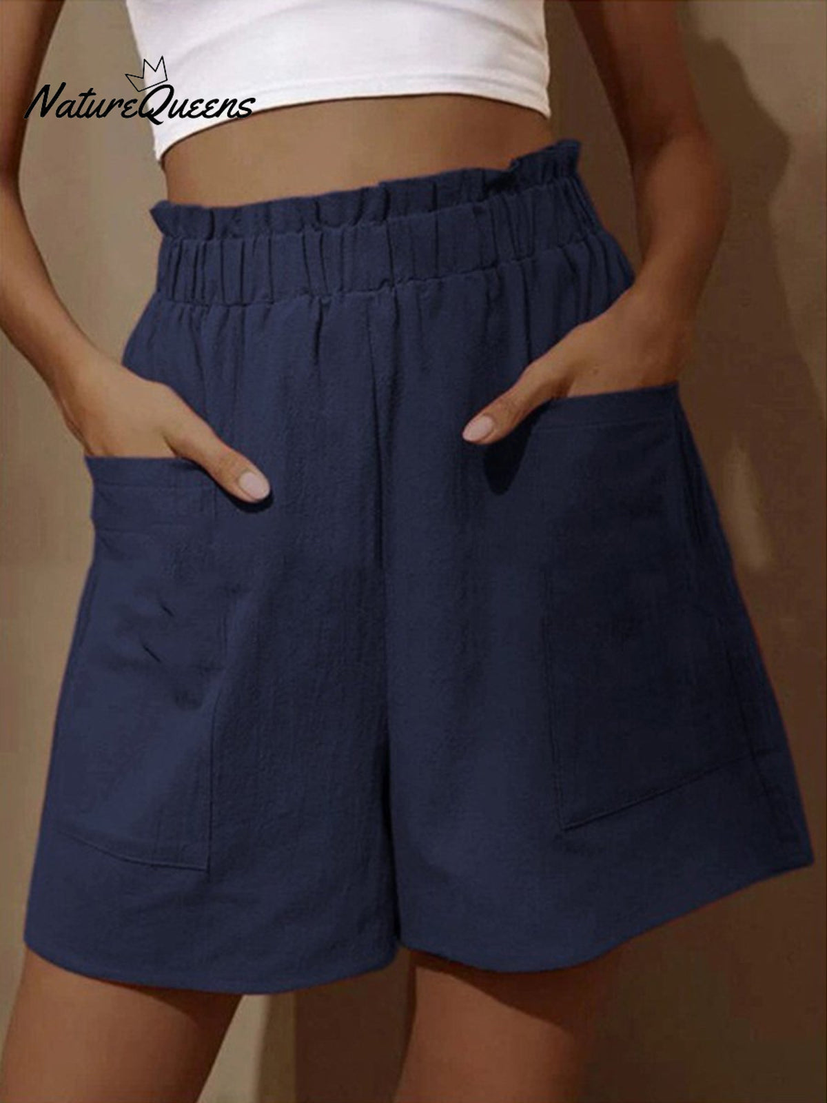Cotton and Linen Wear High-Waisted Shorts with Buds