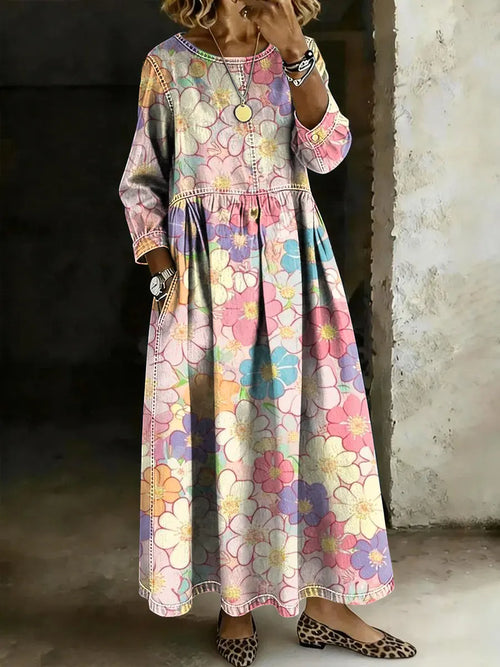 Multicolor Floral Print Denim Maxi Skirt