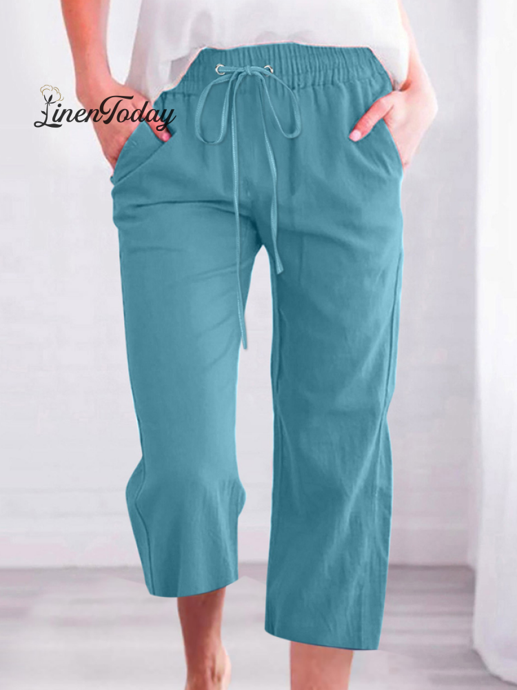 Casual Summer Linen Pants High-Waisted Loose Yoga Sweatpants Crop Pants with Pockets