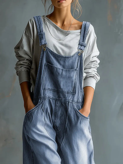 Solid Color Art Casual Denim Jumpsuit
