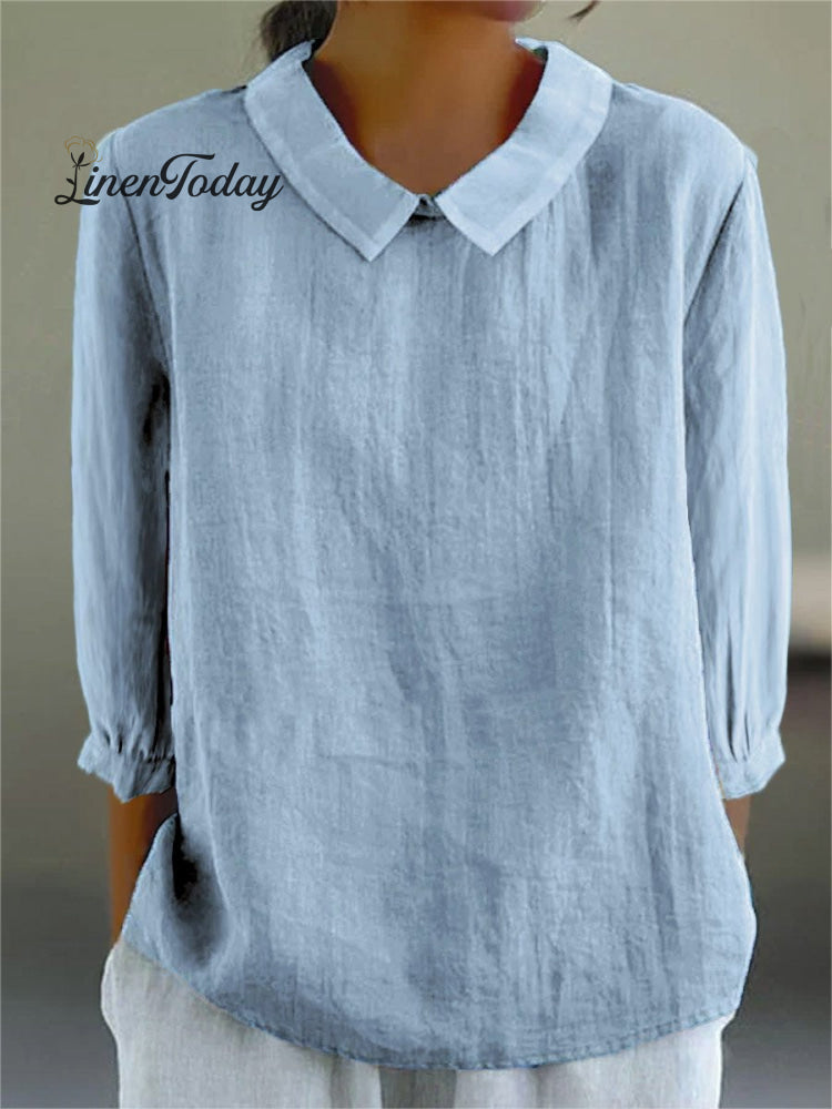 Solid Color Casual Cotton and Linen 3/4-Sleeve Shirt