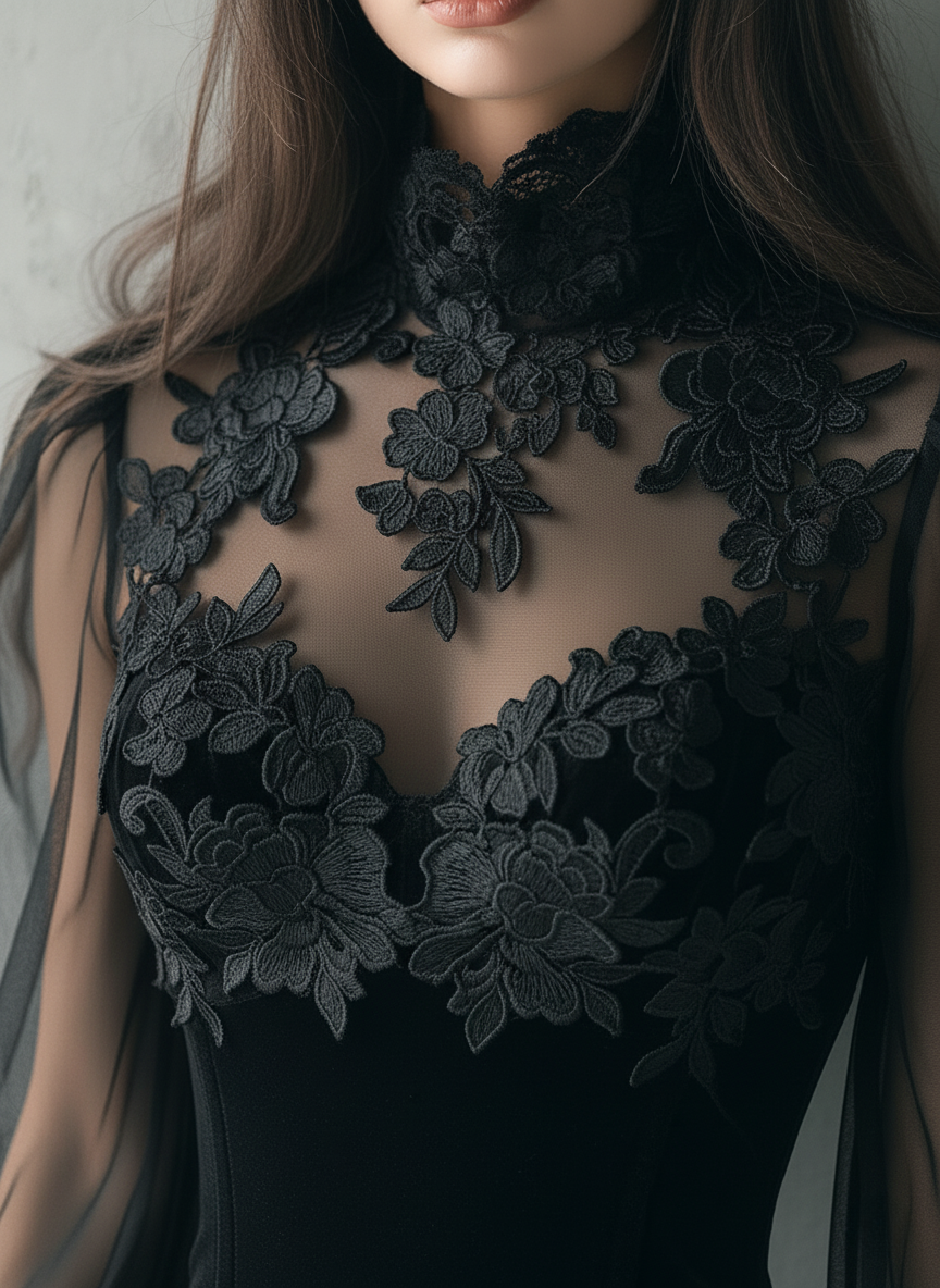 Elegant Black Velvet Lace Sheer Balloon Sleeve Blouse