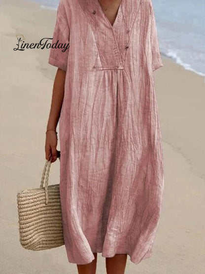 Solid Color Cotton and Linen Short-Sleeve Dress