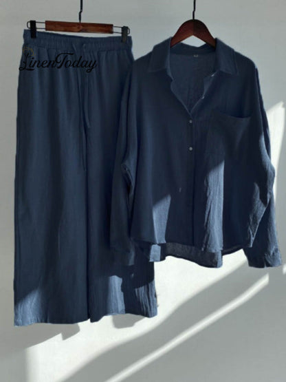 Solid Color Loose Elegant High Waist Casual Cotton and Linen Suit