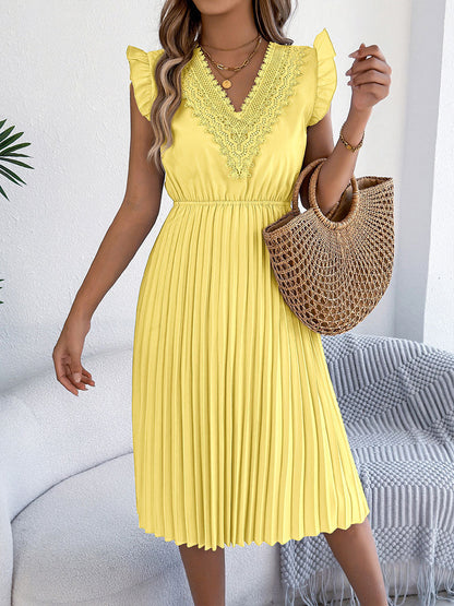 Casual Lace V-Neck Ruffled Pleated Dress
