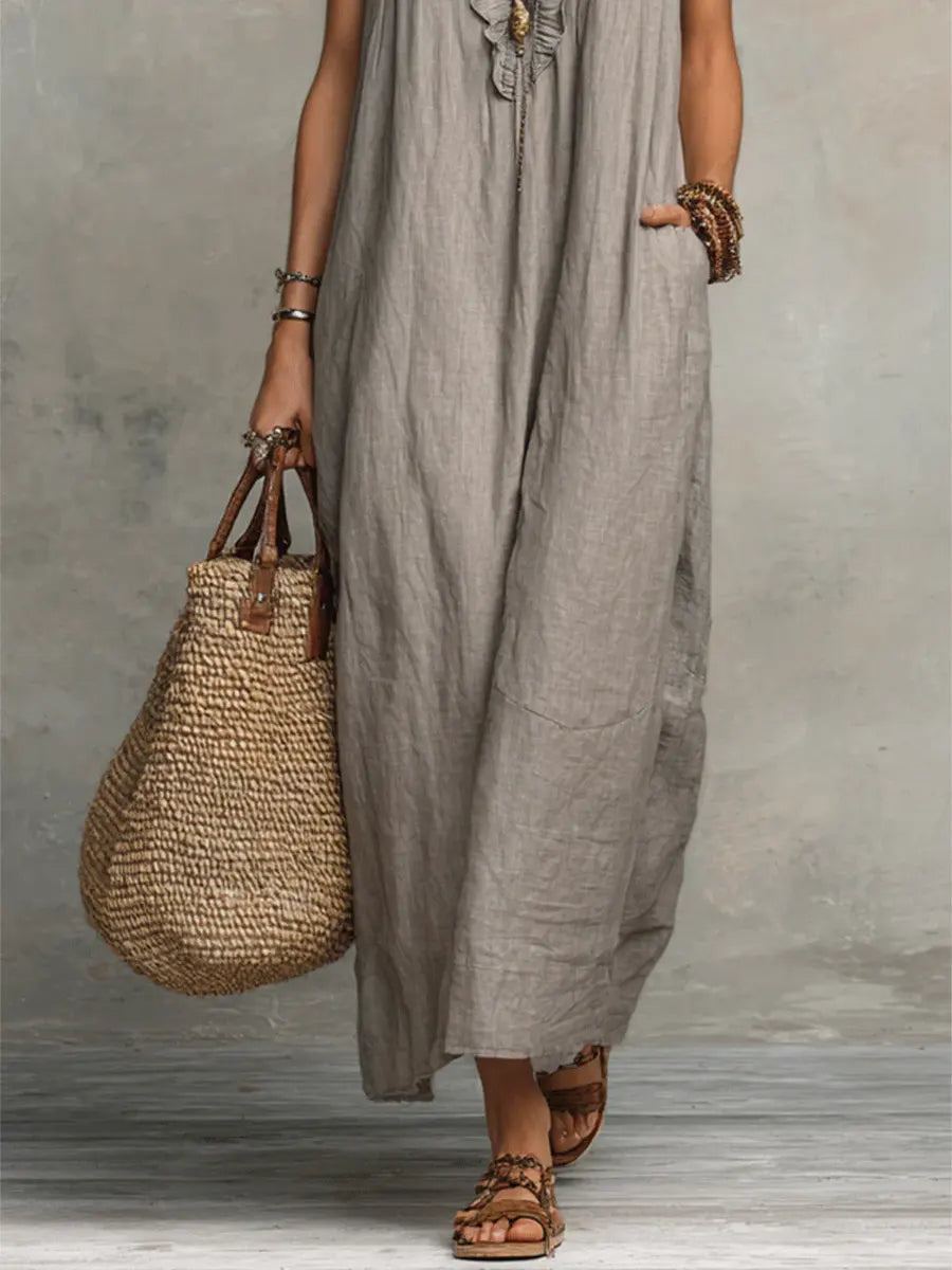 Solid Color Ruffled Art Casual Fashion Cozy Cotton Linen Dress