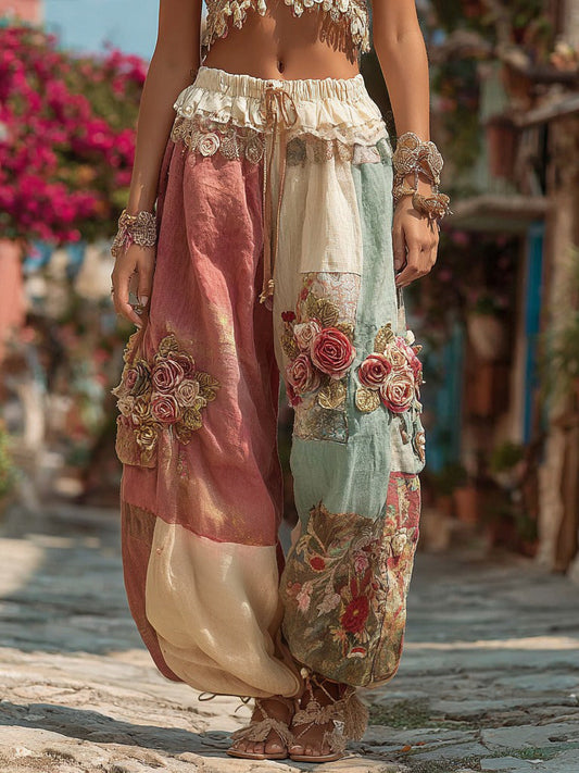 Bohemian Floral Embroidery Patchwork Art Linen Blend Pants