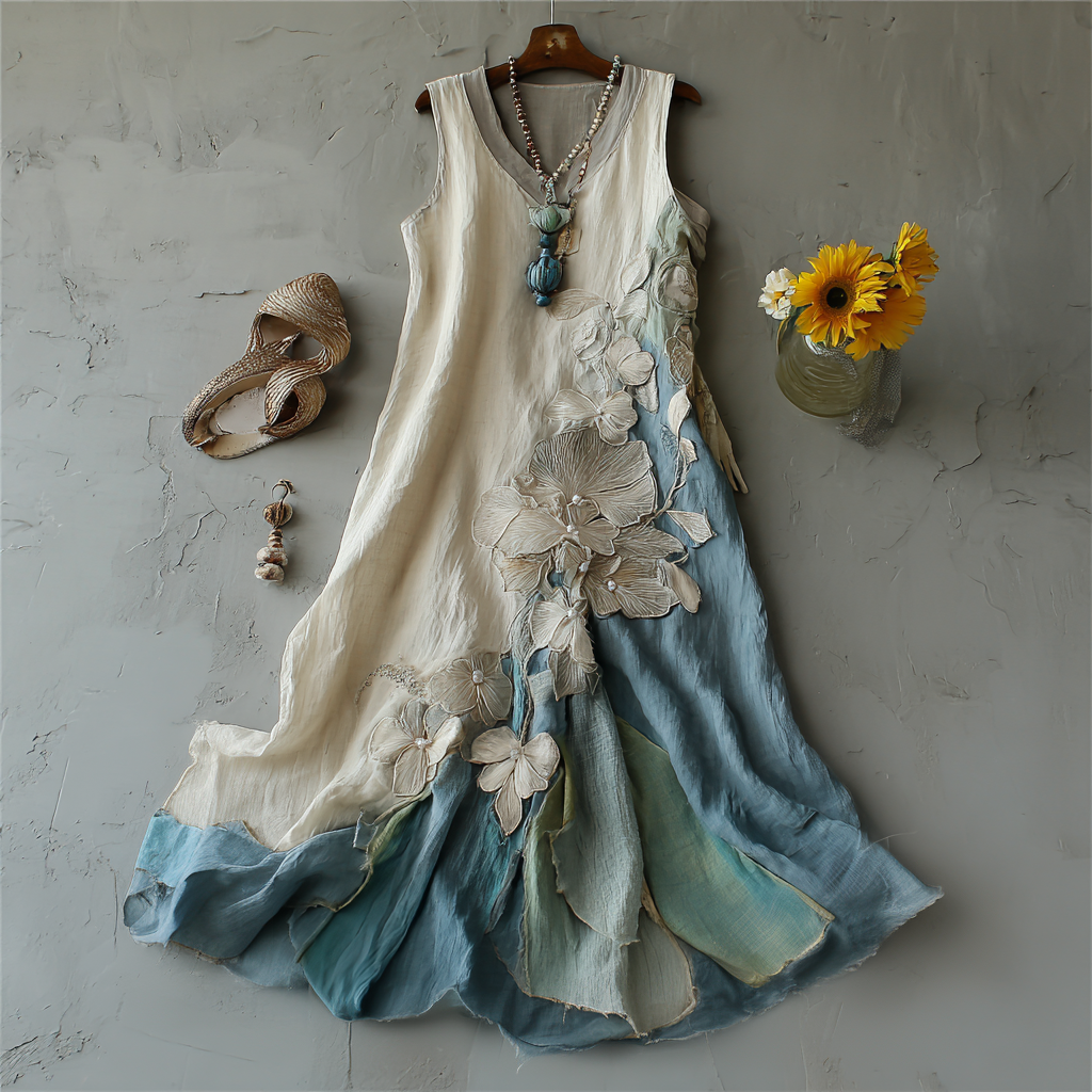 Vintage Floral Embroidery Ombre Linen Dress