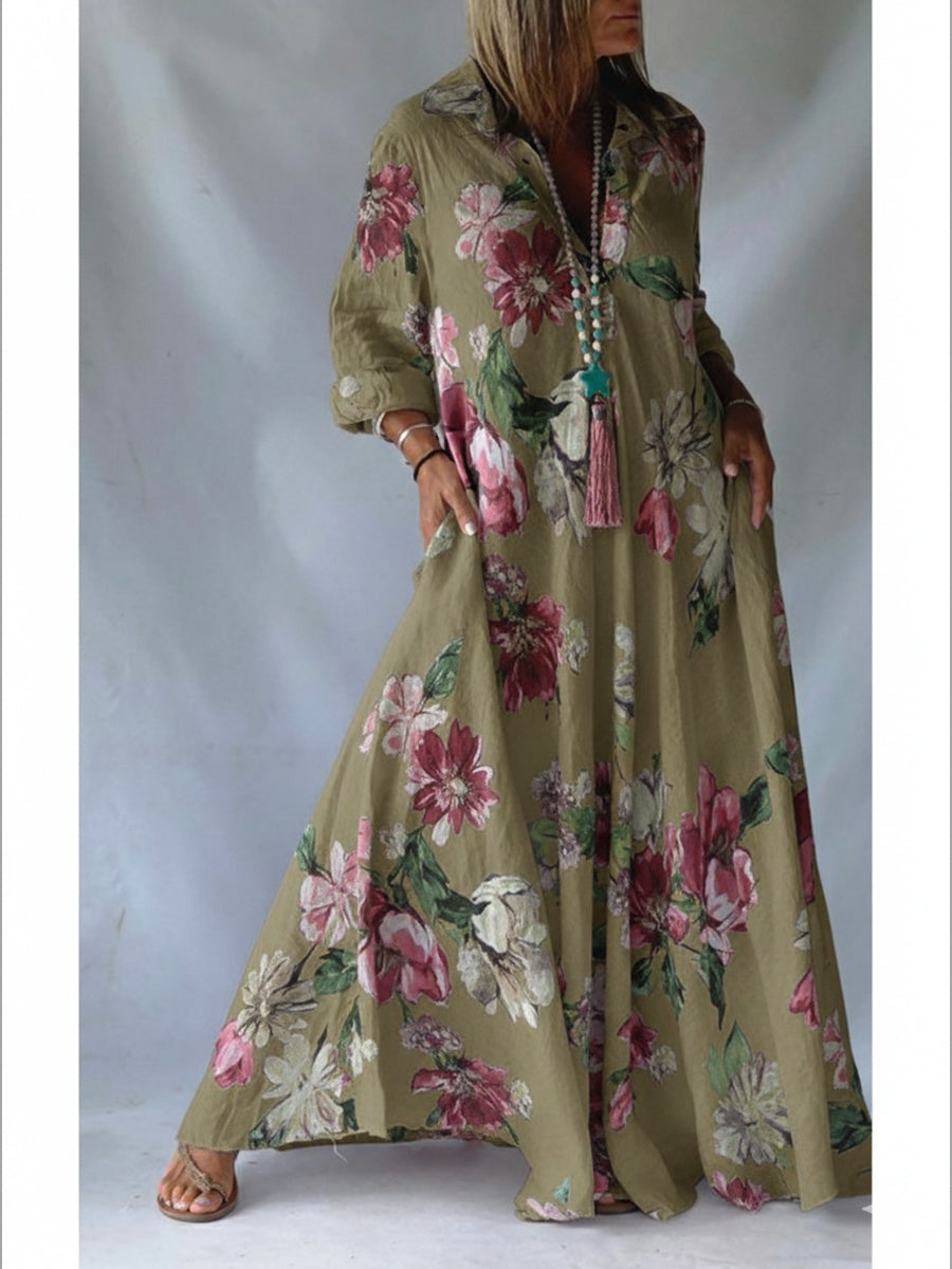 Loose-Fitting Casual Linen and Cotton Floral Print Shirt Dress