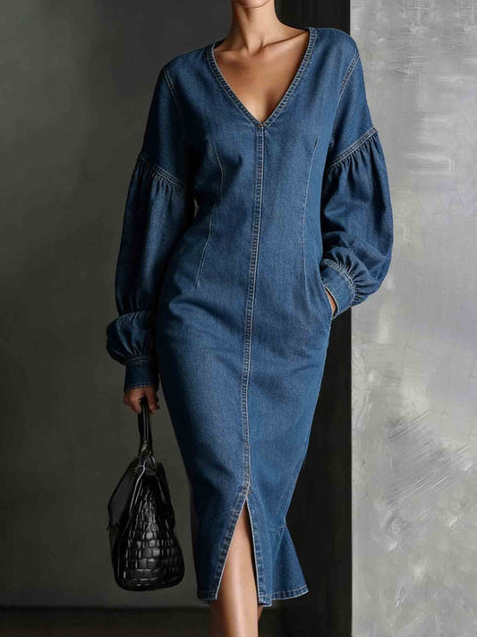 Denim Puff-Sleeved Midi Dress