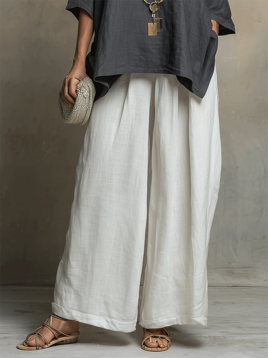 Cozy Cotton-Linen Irregular Top and Wide-Leg Pants Two-Piece Set