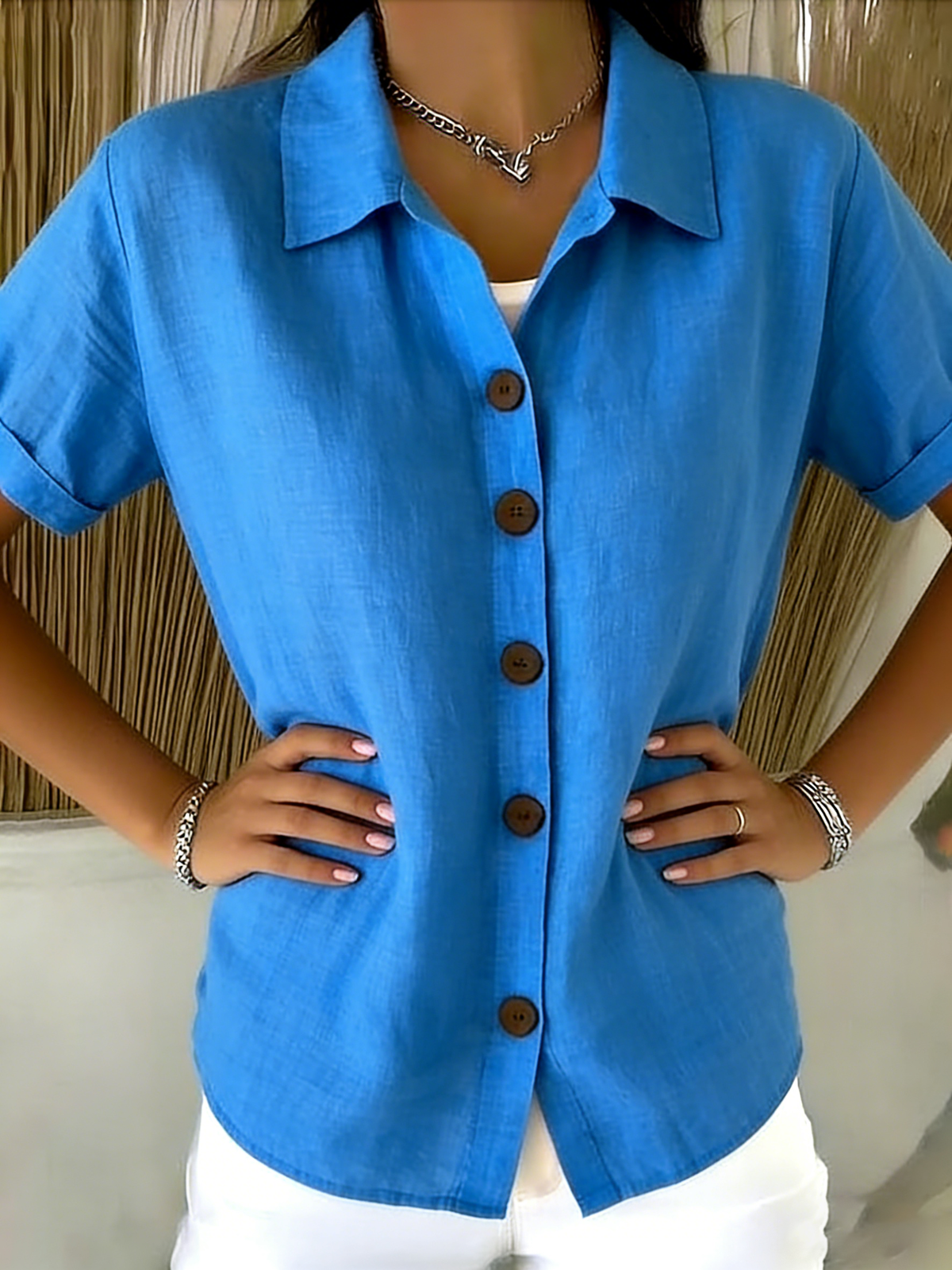 Linen Cotton Cozy Basic Button-Up Shirt with Casual Short-Sleeve Summer Blouse