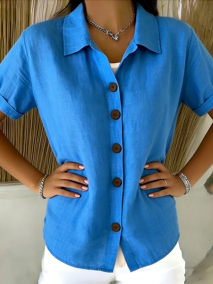 Linen Cotton Cozy Basic Button-Up Shirt with Casual Short-Sleeve Summer Blouse