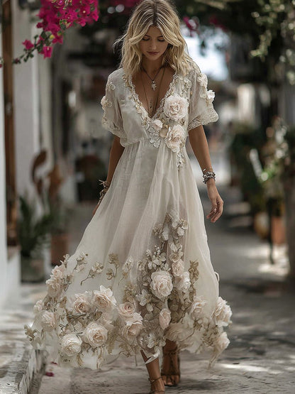 Vintage Floral Embroidery Art Comfy Linen Maxi Dress