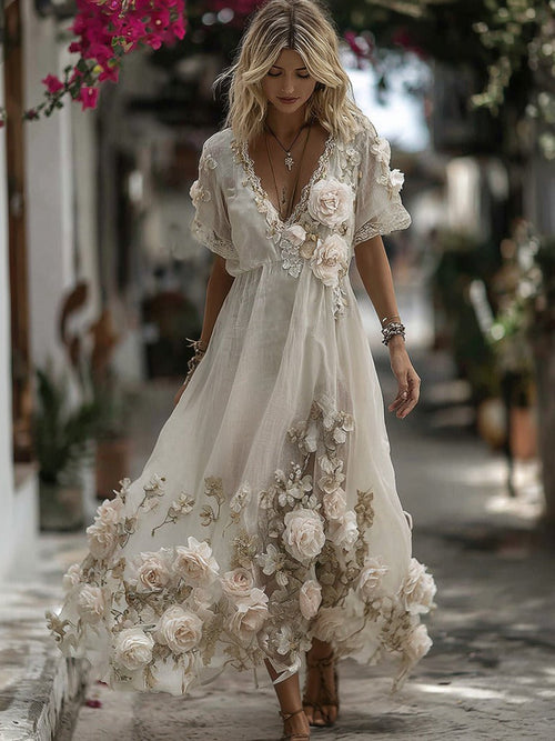Vintage Floral Embroidery Art Comfy Linen Maxi Dress