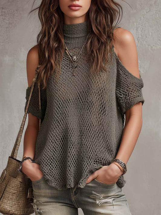 Casual Off-Shoulder Hollow Out High Neck Knit Sweater