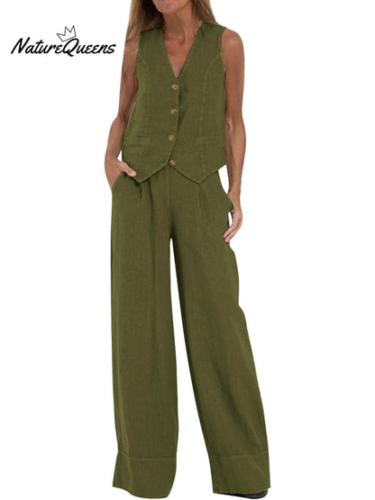 Fashion Solid Color Vest Trousers Collage Stitching Cotton and Linen Casual Suit