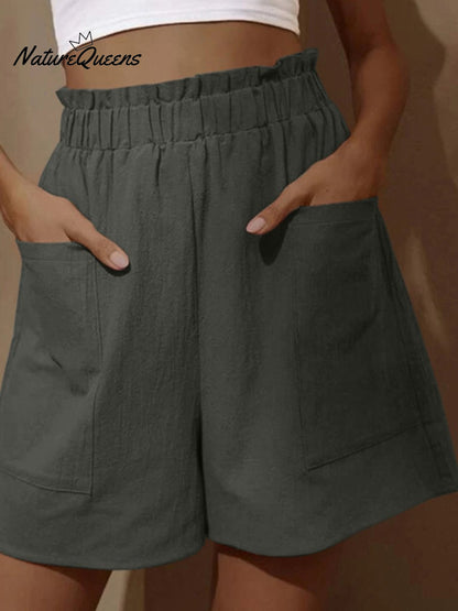 Cotton and Linen Wear High-Waisted Shorts with Buds