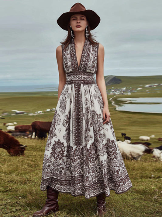 Vintage Western Paisley Print Tank Midi Dress
